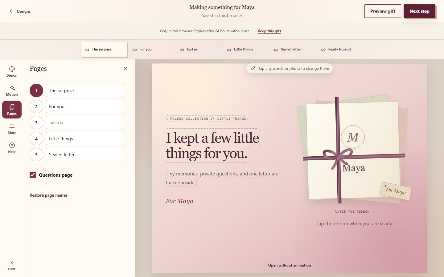 The gift editor with the numbered pages above the gift and the Pages panel open from the toolbar.