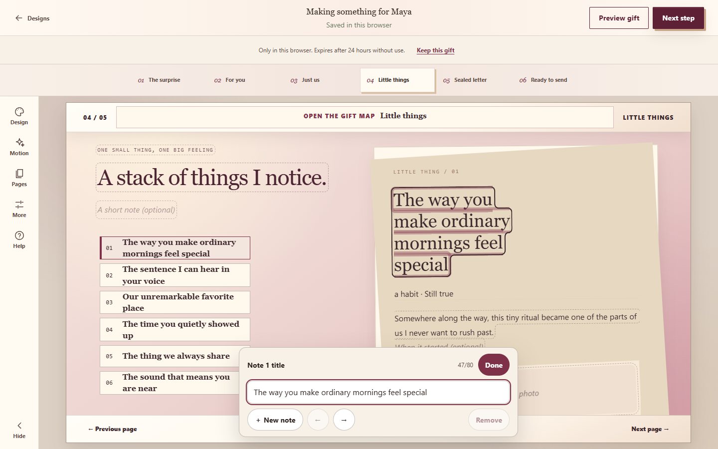 A note title selected on Love Notes, with the small editing bar open under the gift.
