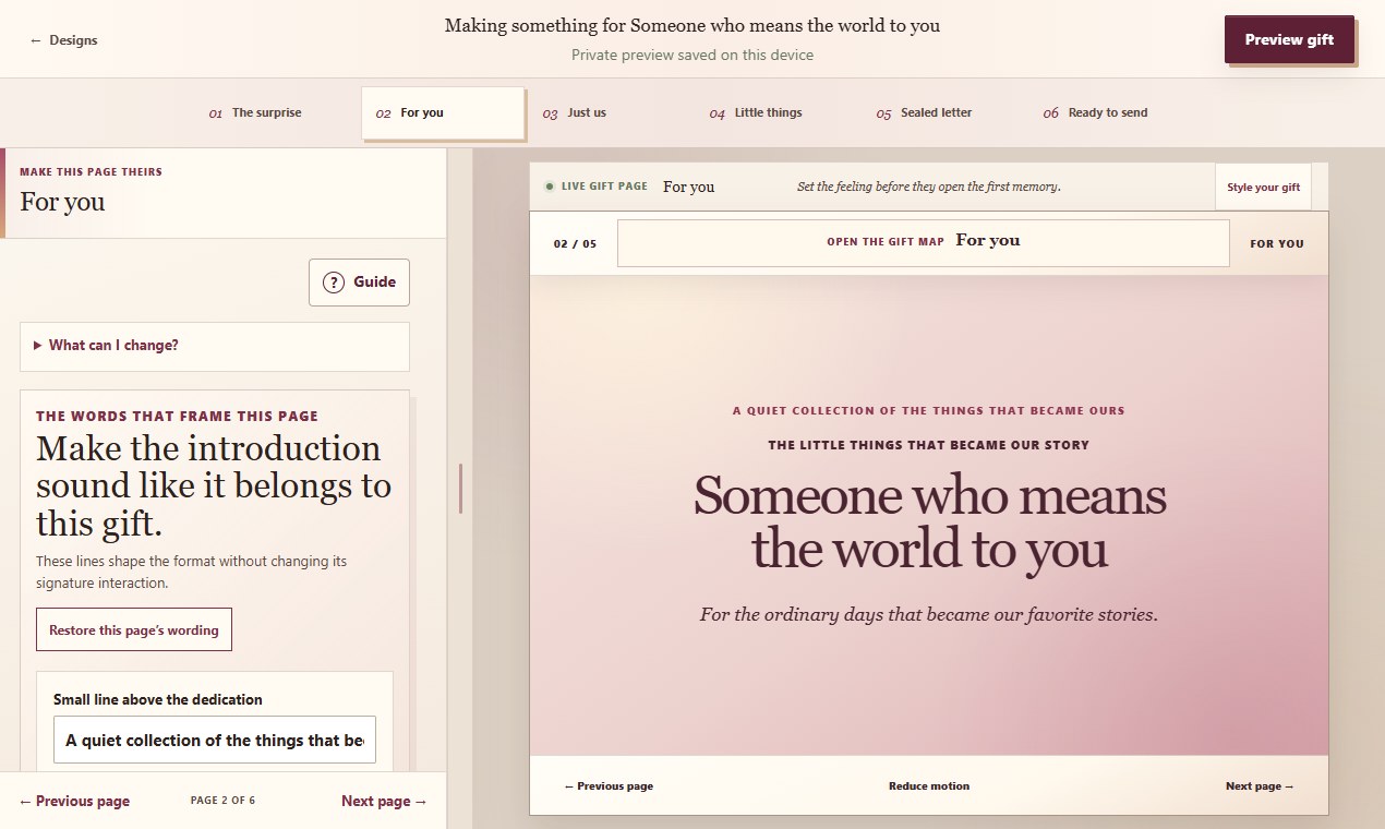 Page & Ribbon editor showing the current gift page, numbered navigation, and editing fields.