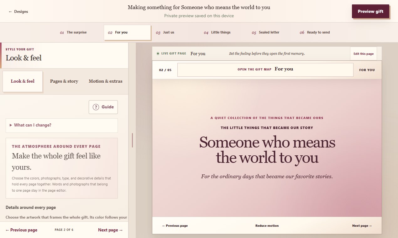 Gift style controls with Look & feel, Pages & story, and Motion & extras tabs.